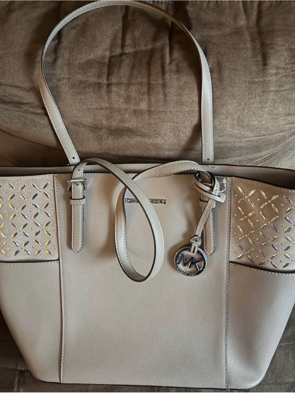 Michael Kors Light Gray Pebble Leather Tote with MK Charm